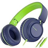 AILIHEN C8 Headphones Wired, On-Ear Headphones with Microphone and Volume Control, Corded 3.5mm Headset for Boys Girl School Smartphones Chromebook Laptop Computer Tablets Airplane Travel (Blue Green)