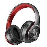 TUINYO Bluetooth Headphones, Over Ear Stereo Wireless Headset 40H Playtime with Deep Bass,Soft Memory-Protein Earmuffs,Built-in Mic Wired Mode PC/Cell Phones-Black red