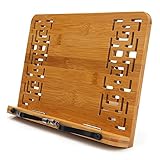 wishacc Bamboo Book Stand Reading Rest Holder Cookbook Cook Stand/Foldable Tablet PC Textbook/Music Document Stand/Desk Bookrest with Retro Hollow Elegant Pattern