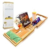 Azulite Luxury Bath Tray Caddy with Gold Trim - Made from Bamboo - Complete with Book/Tablet Stand, Wine Glass Holder, and Extendable Unique Design, YL160615-13