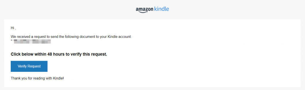 Screenshot of an email verification request sent from Kindle