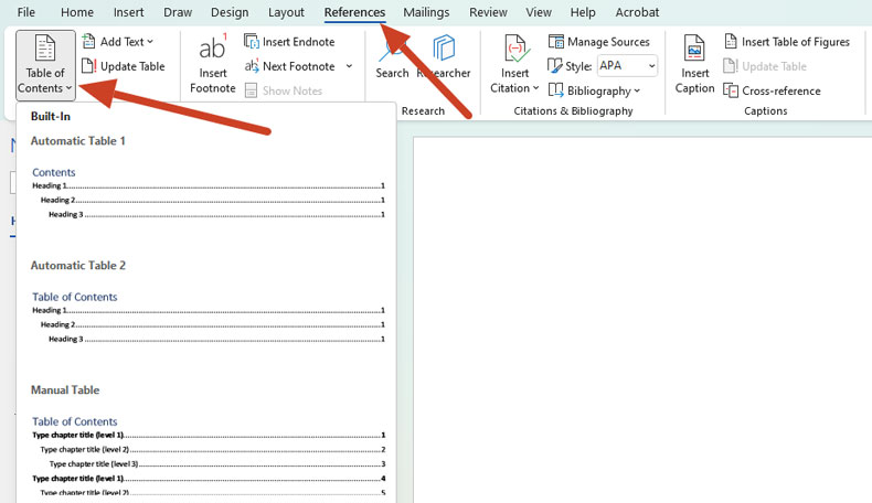 references word table of contents