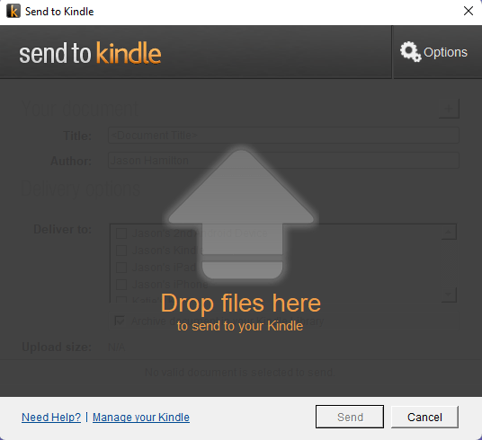 Screenshot instructing how to drop files to share to Kindle